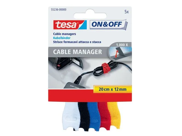 tesa® Gjenbrukbar Cable Manager til sammenbunting av kabler, assorterte farger, 12 mm x 20 cm, 55236, pakke med 5