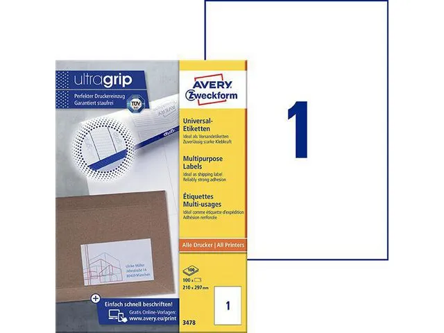 Avery Etikett AVERY Ultragrip 210x297mm (100)