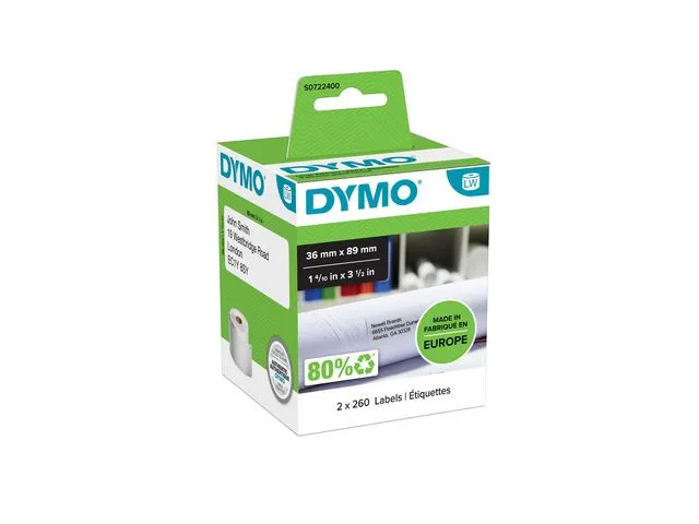 Dymo S0722400 LW store adresseetiketter i svart på hvitt, 89 x 36 mm