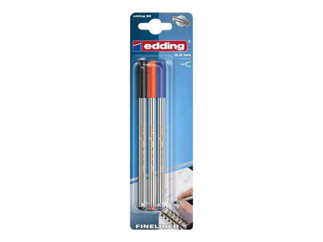 edding fineliner-penn 89, 0,3 mm spiss, svart og hvit kropp, assorterte blekkfarger: rød, blå, svart