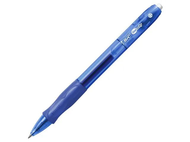 BIC® gelpenn Velocity, inntrekkbar, middels tykk spiss på 0,7 mm, gjennomsiktig kropp med grep, blått blekk
