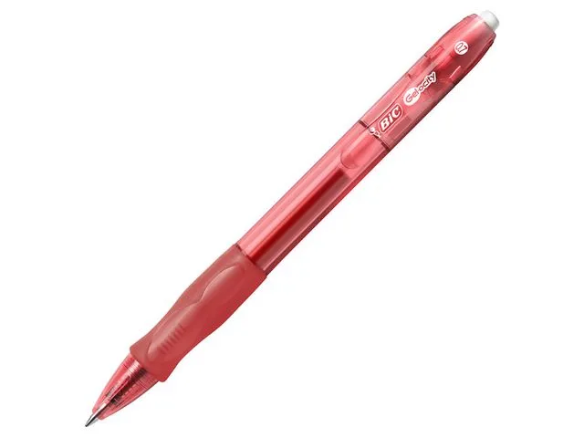 BIC® gelpenn Velocity, inntrekkbar, middels tykk spiss på 0,7 mm, gjennomsiktig kropp med grep, rødt blekk