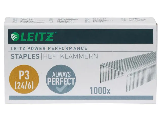 Leitz stifter P3 Power Performance, 24/6, stål, benlengde 6 mm, stiftekapasitet på 30 ark, eske med 1000