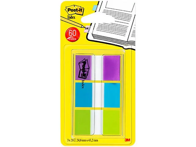 Post-it® Indeksmarkører medium 25,4 x 43,2 mm flere farger 3 x 20-pakning med omslagsdispenser