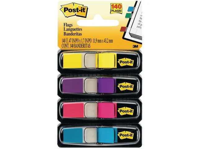 Post-it® Indeksmarkører små 11,9 x 43,1 mm flere farger 4 x 35-pakning med dispensere 683-4AB