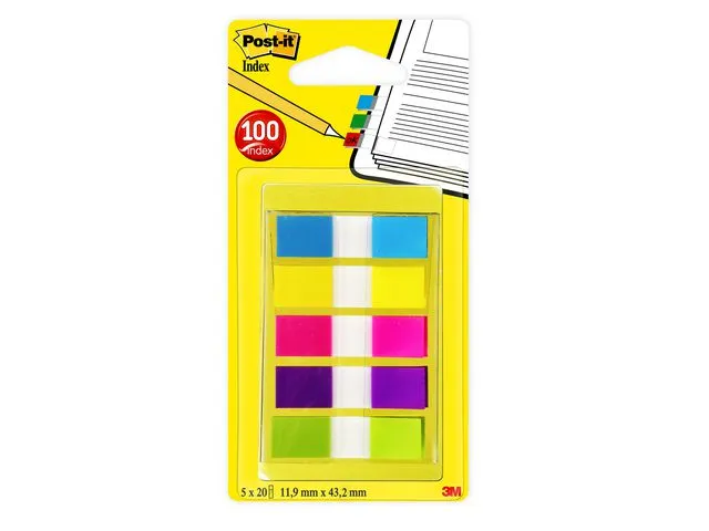 Post-it® Indeksmarkører, små 11,9 x 43,1 mm, flere farger, 5 x 20-pakning med dispensere