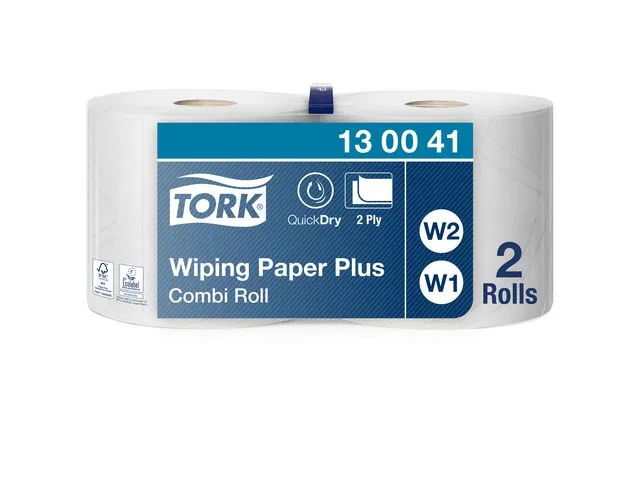 Tork tørkepapirrull til dispenser Wiping Plus Combi W1, 2-lags, 750 ark, preget, 235 mm, hvit