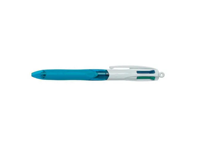 BIC® kulepenn 4 Colours Grip, inntrekkbar, middels tykk spiss, blå kropp med gummigrep, assorterte blekkfarger: Svart, blå, grønn, rød