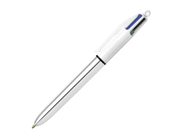 BIC® inntrekkbar kulepenn 4 Colours™, middels tykk spiss på 1 mm, sølvmetallisk kropp, assorterte blekkfarger: sort, blå, rød og grønn