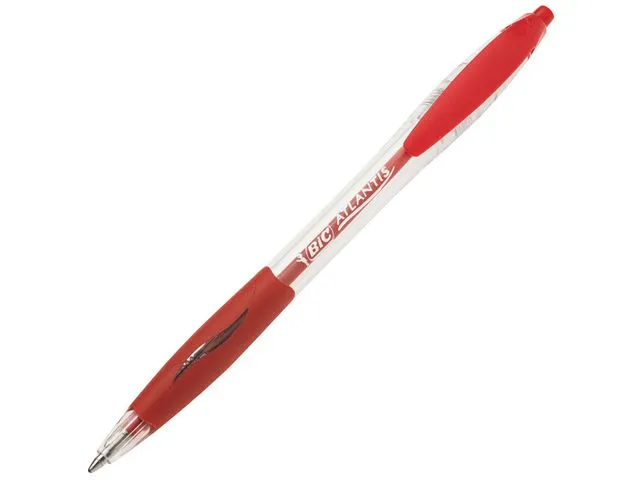 BIC® kulepenn Atlantis, inntrekkbar, middels tykk spiss på 1 mm, gjennomsiktig kropp med grep, rødt blekk