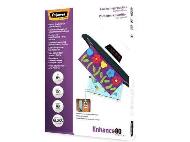 Fellowes lamineringslomme, A4, selvklebende bakside, 80 my