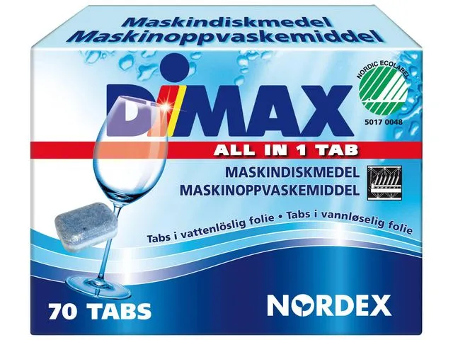 NORDEX oppvaskmaskintabletter Dimax, lavtskummende, vannløselige, med blekemiddel, ikke-etsende, 18 g, hvit