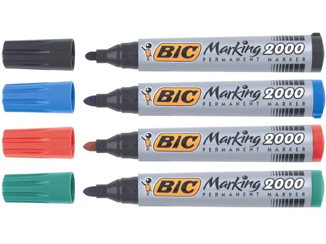 BIC® Marking™ 2000, permanent merkepenn, medium kulespiss, 1,7 mm strekbredde, assorterte farger, pakke med 4
