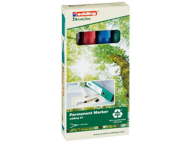 edding merkepenn 21 EcoLine, permanent, kulespiss, 1,5–3 mm strekbredde, assorterte farger: sort, blå, rød og grønn