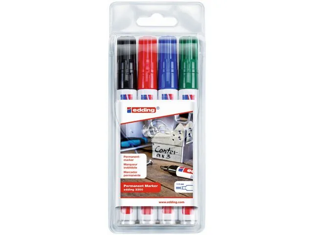 edding 330 permanent merkepenn, skråskåret spiss, 1–5 mm, assorterte farger, pakke med 4