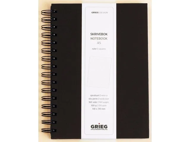 Grieg Spiralbok GRIEG A5 100g 160s ruter sort
