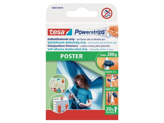 tesa® Powerstrips® POSTER dobbeltsidige selvklebende monteringsstrimler, hvite, 58003, pakke med 20