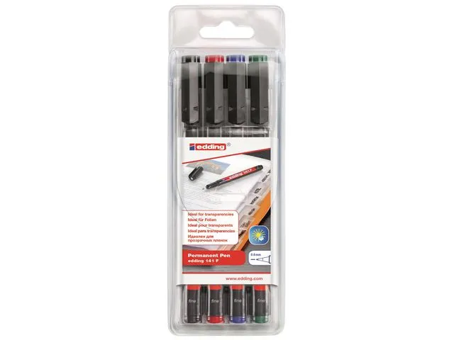 edding 141 permanent merkepenn, tynn kulespiss, 0,6 mm strekbredde, assorterte farger, pakke med 4