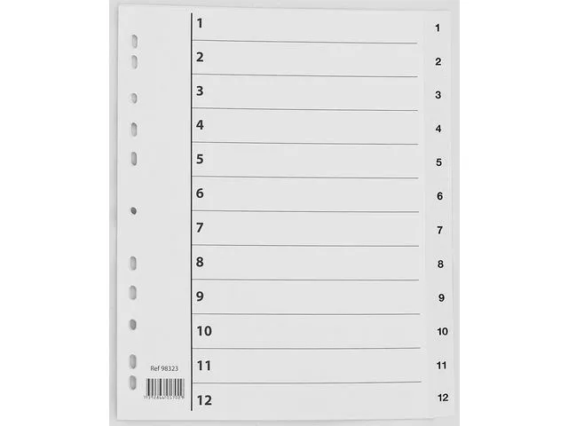 forhåndstrykt skilleark, A4, polypropylen, fanesett merket 1–12, 297 x 225/240 mm, hvit