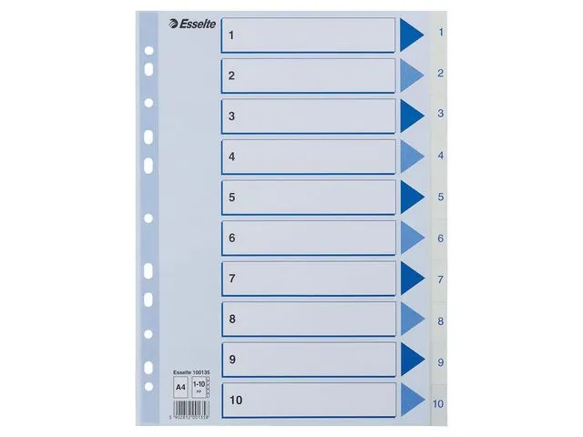 Esselte skilleark, A4, polypropylen, fanesett merket 1-10, assorterte farger