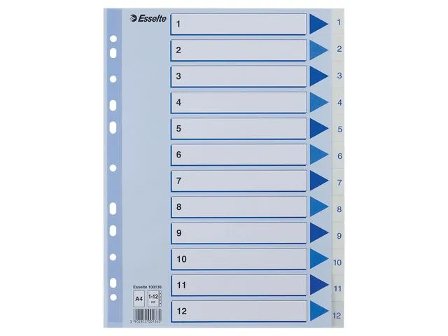 Esselte skilleark, A4, polypropylen, fanesett merket 1–12