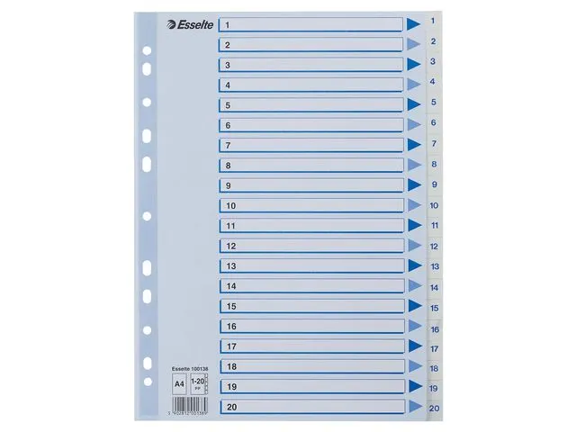 Esselte skilleark, A4, polypropylen, fanesett merket 1-20, assorterte farger