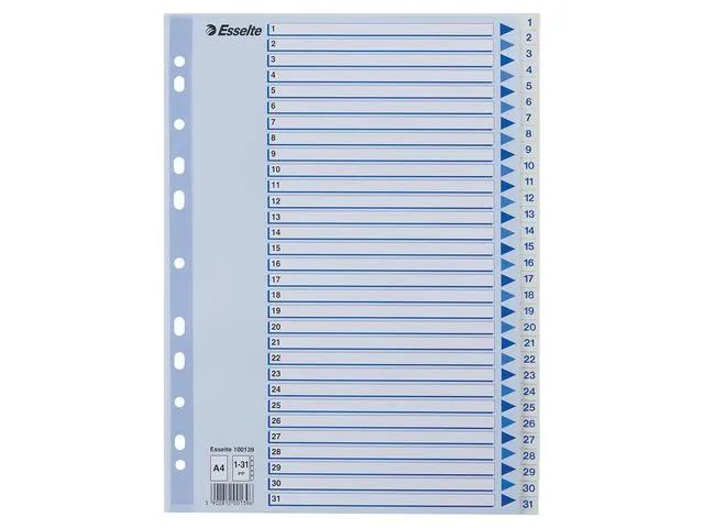 Esselte skilleark, A4, polypropylen, fanesett merket 1-31, assorterte farger