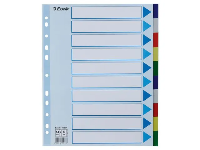 Esselte skilleark, forhåndstrykte, polypropylen, 10-delt, A4+, assorterte farger