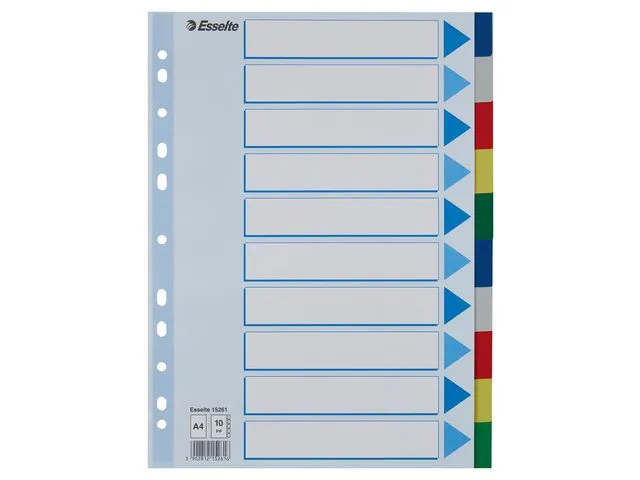 Esselte skilleark, blanke, polypropylen, 10-delt, A4, assorterte farger