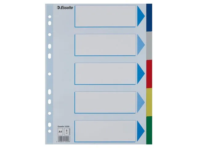 Esselte skilleark, blanke, polypropylen, 5-delt, A4, assorterte farger