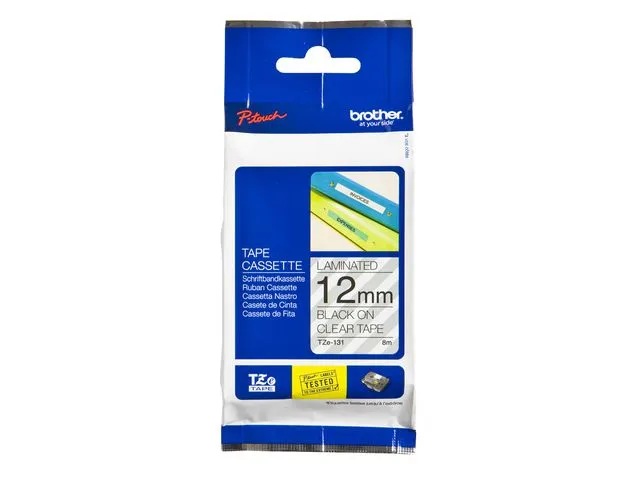 Brother tape TZe-131, 12 mm x 8 m, sort på klar