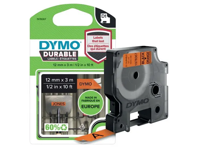 Dymo Tape DYMO D1 12mm x 3m sort/orange
