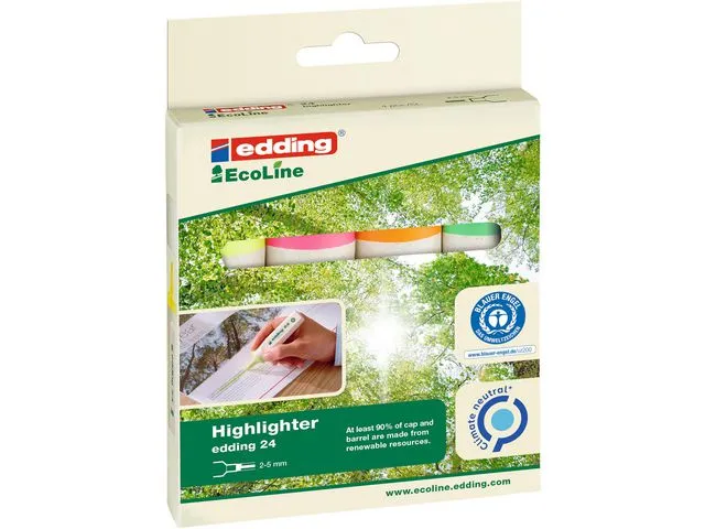 edding merkepenn 24 EcoLine, flat kropp, skråskåret spiss, 2–5 mm strekbredde, assorterte farger: Gul, oransje, rosa, lysegrønn