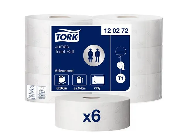 Tork toalettpapirrull Advanced T1 Jumbo, 2-lags, 1800 ark, preget, resirkulerbart, hvit