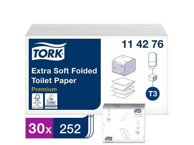 Tork toalettpapir Premium Extra Soft T3, brettet, 2-lags, 252 ark, ¼-brett, 110 mm, hvit