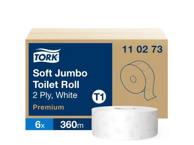 Tork toalettpapirrull Jumbo Soft T1, 2-lags, 1800 ark, pregede blader, resirkulert, 97 mm, hvit