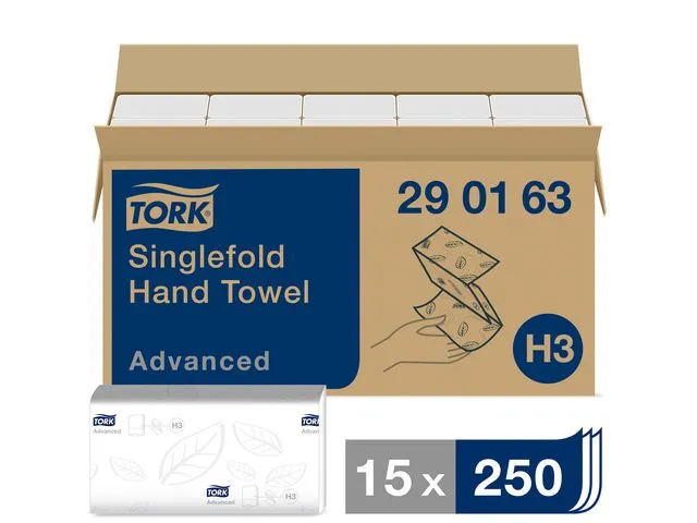 Tork tørkepapir, Advanced Singlefold H3, brettet, 2-lags, 250 ark, preget, Z-brett, 248 mm, hvit