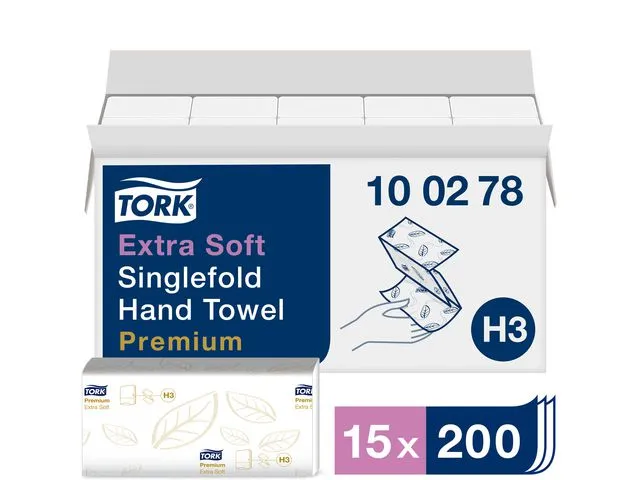 Tork tørkepapir Premium Extra Soft Singlefold H3, brettet, 2-lags, 200 ark, C-brett, 226 mm, hvit